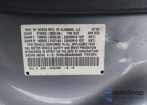 2006 Honda Odyssey Ex-L z USA, uszkodzony, nr VIN 5FNRL38646B046689
